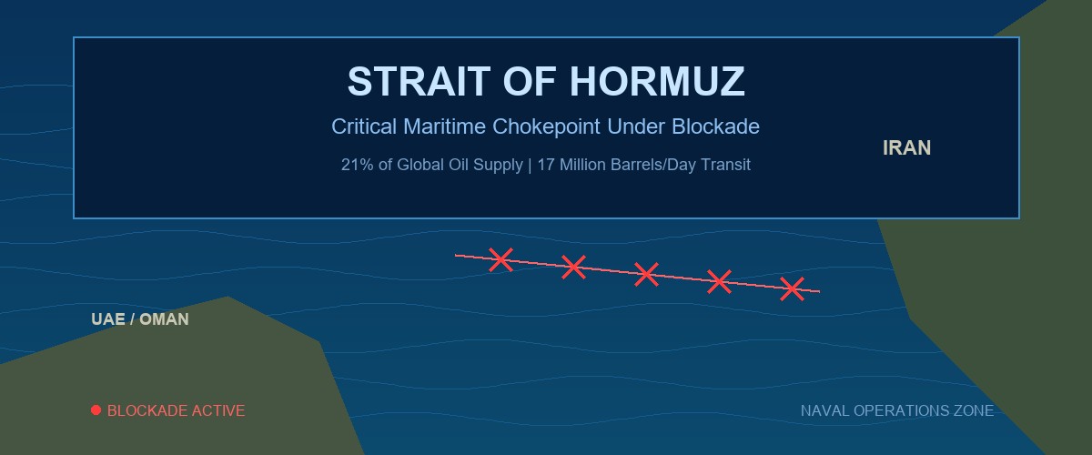 Satellite image of the Strait of Hormuz, the critical maritime chokepoint connecting the Persian Gulf to the Gulf of Oman